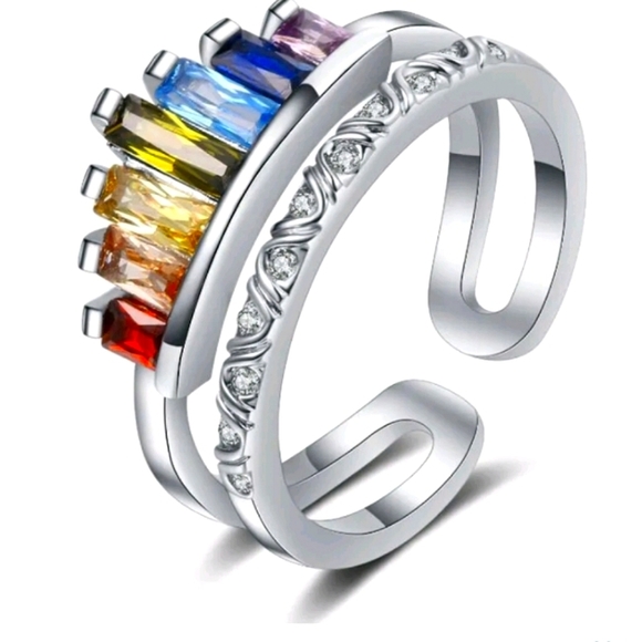 Rainbow Crown Multicolor Gemstones Silver 925 Ring - Adjustable Sizing - Picture 3 of 4